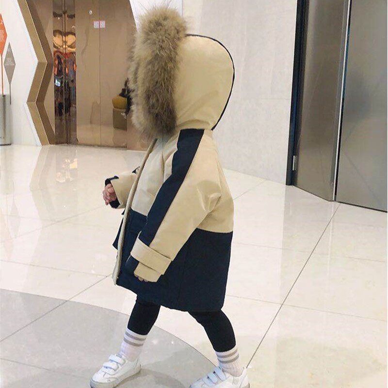 工装儿童羽绒服加厚中长款大毛领男童女童宝宝中小童防水童装外套