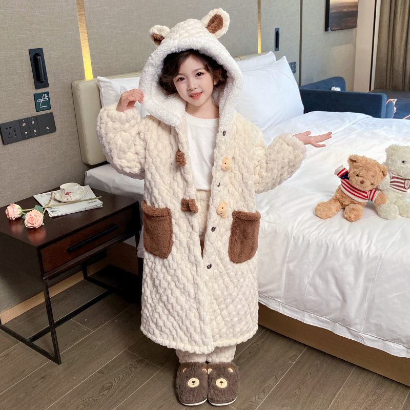 儿童睡袍睡衣裤套组冬季加厚款三层夹棉女童小孩珊瑚绒法兰绒家居