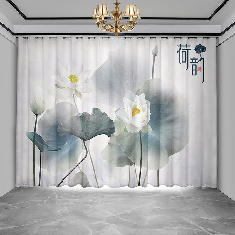 中国风新中式禅意山水荷花窗帘客厅卧室轻奢荷塘月色古风隔断纱帘