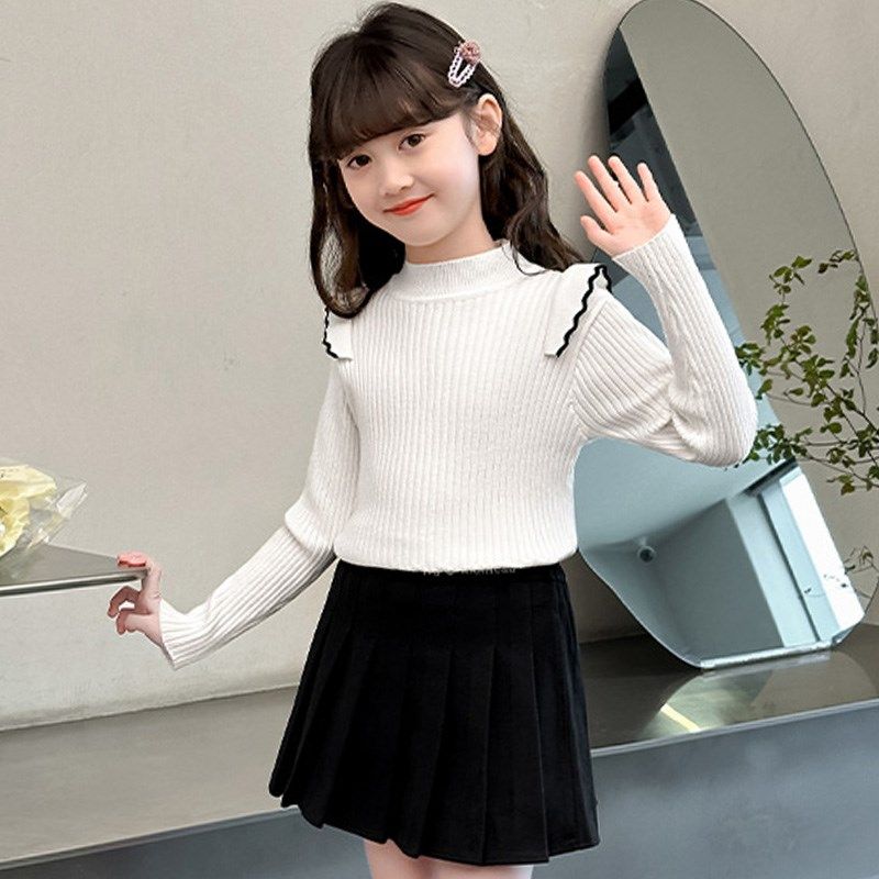 女童毛衣春秋女童打底衫2025新款春季黑色针织一体绒白色内搭线衣