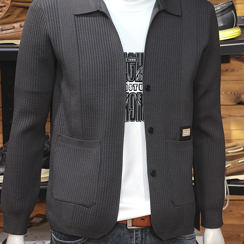 简约净版机理感男针织开衫秋冬时尚青年修身毛衣外套翻领毛线夹克