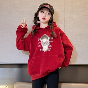 女童卫衣加绒秋冬装儿童过年喜庆衣服冬季大童一体绒加厚红色上衣