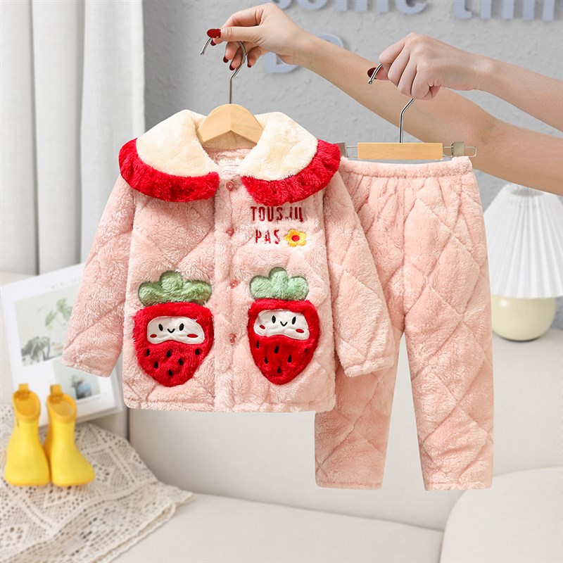 2024秋冬季儿童睡衣女童法兰绒珊瑚绒三层夹棉加厚家居服棉衣套装