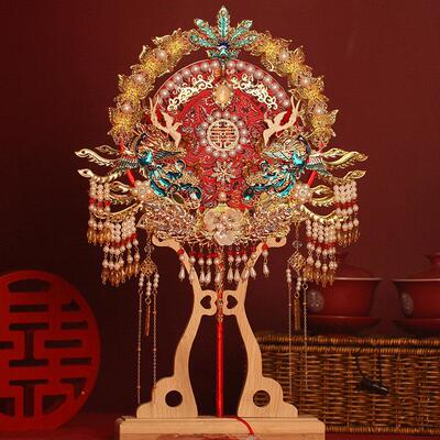 双面团扇新娘结婚礼出嫁高级成品秀禾喜扇送礼中式扇子diy材料包