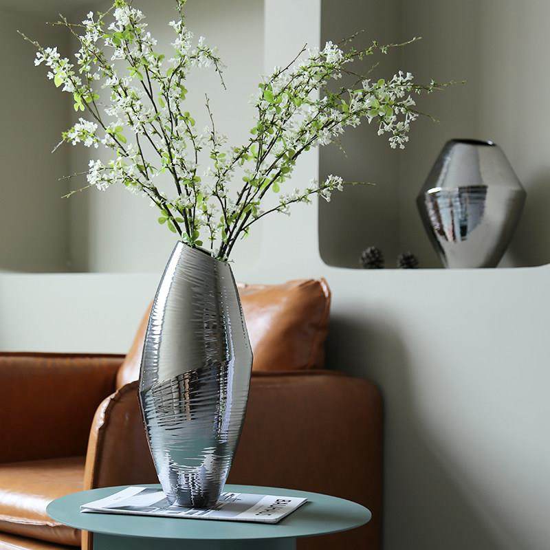 意式轻奢几何银色金属感陶瓷花瓶摆件客厅插花电视柜高级感软装饰