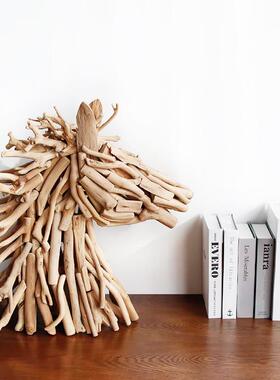 漂流木手工北欧风实木质大小马头摆件桌面室内办公客厅客厅装饰