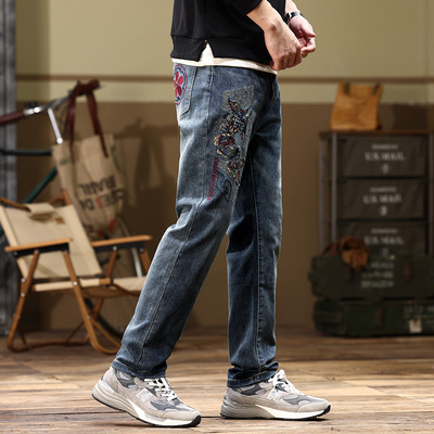 刺绣复古直筒修身大码男士牛仔裤