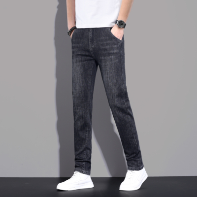 高端潮牌广州新塘牛仔裤男修身小脚弹力潮流百搭长裤子秋冬黑灰色