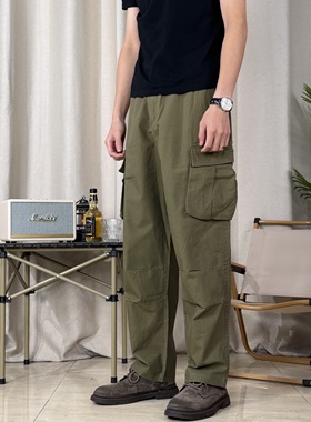 秋冬日系美式工装风军绿色多口袋休闲裤男宽松直筒长裤工装风裤中