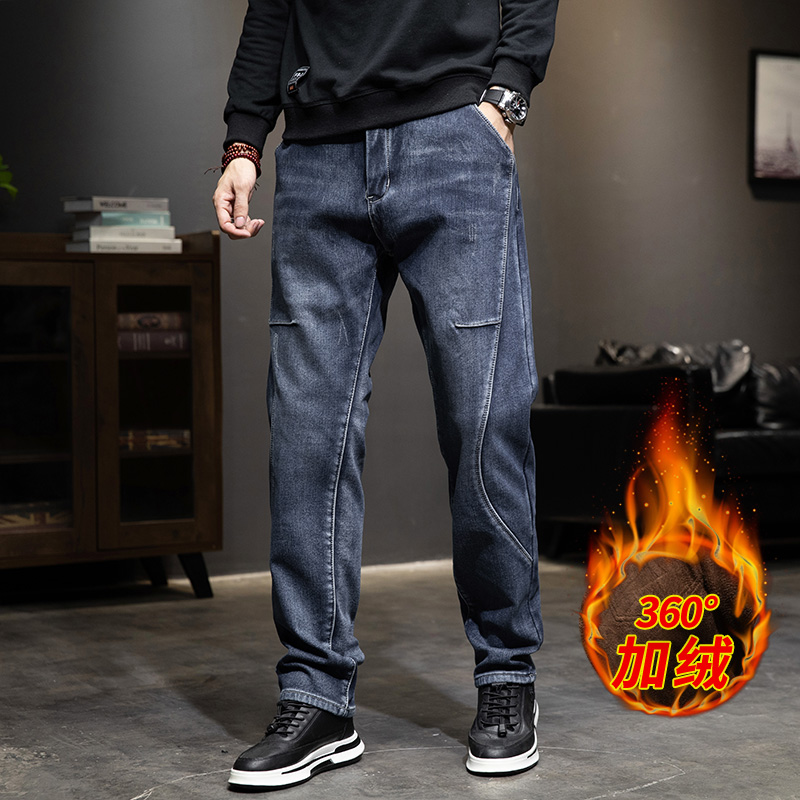 加绒加厚宽松直筒男士牛仔裤