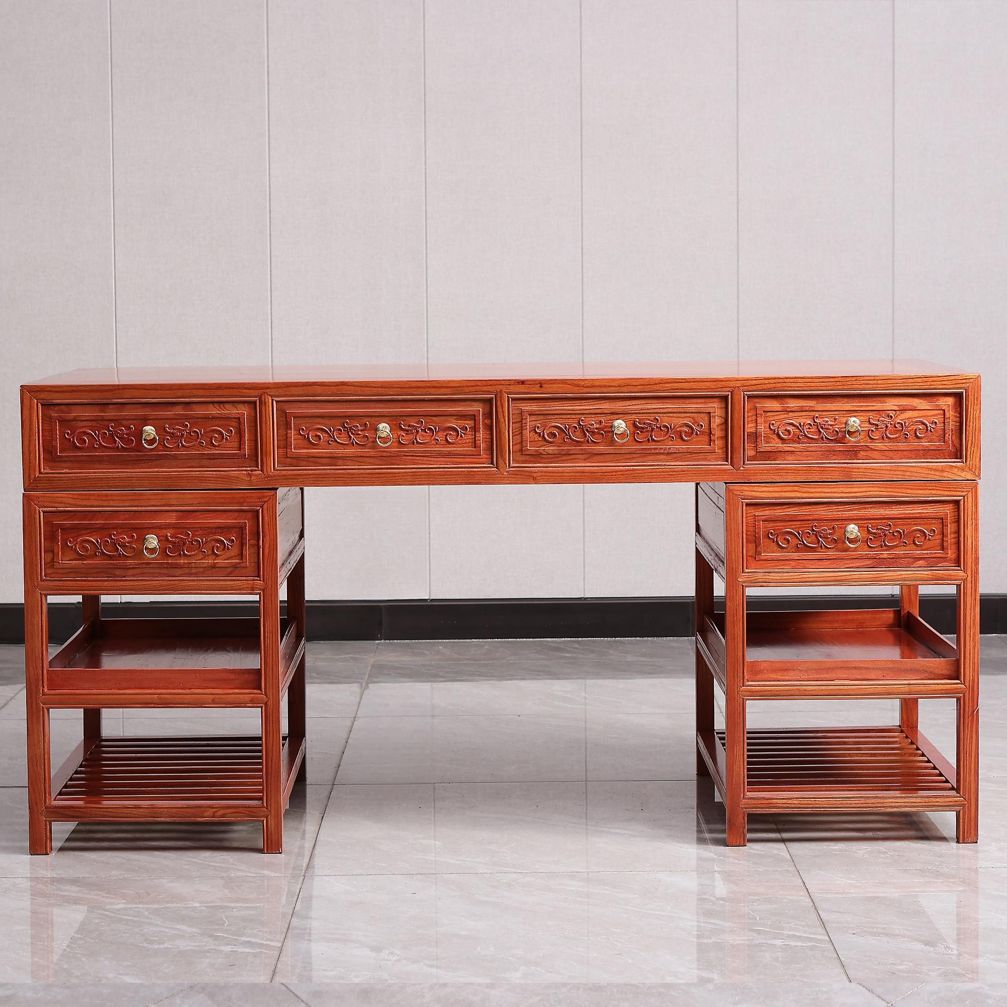 草龙办公桌实木榆木书桌中式大班台中医诊桌写字台书法桌古明清