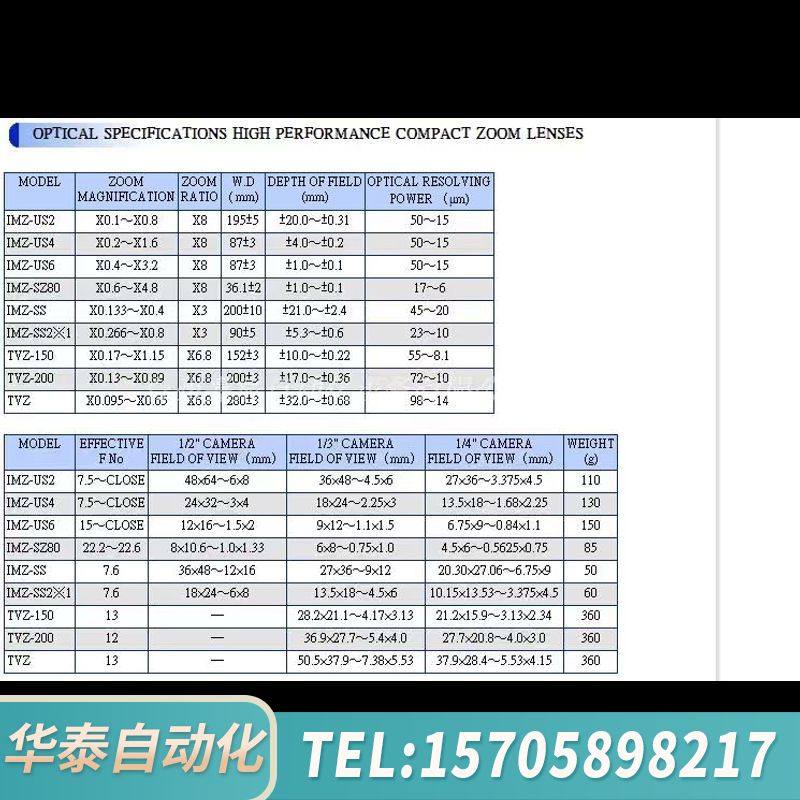 华泰Optart远心镜头 IMZ-SS 0.133-0.4X 变