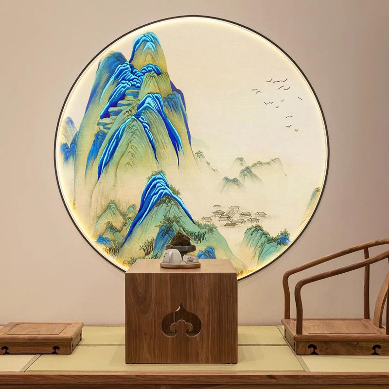 新中式禅意圆形画芯山水国画玄关弧形茶室背景墙壁画客厅酒店墙布