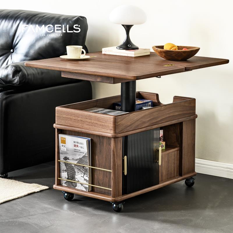 随意停升降可移动推车茶几黑胡桃木折叠功能沙发床头边柜实木边几