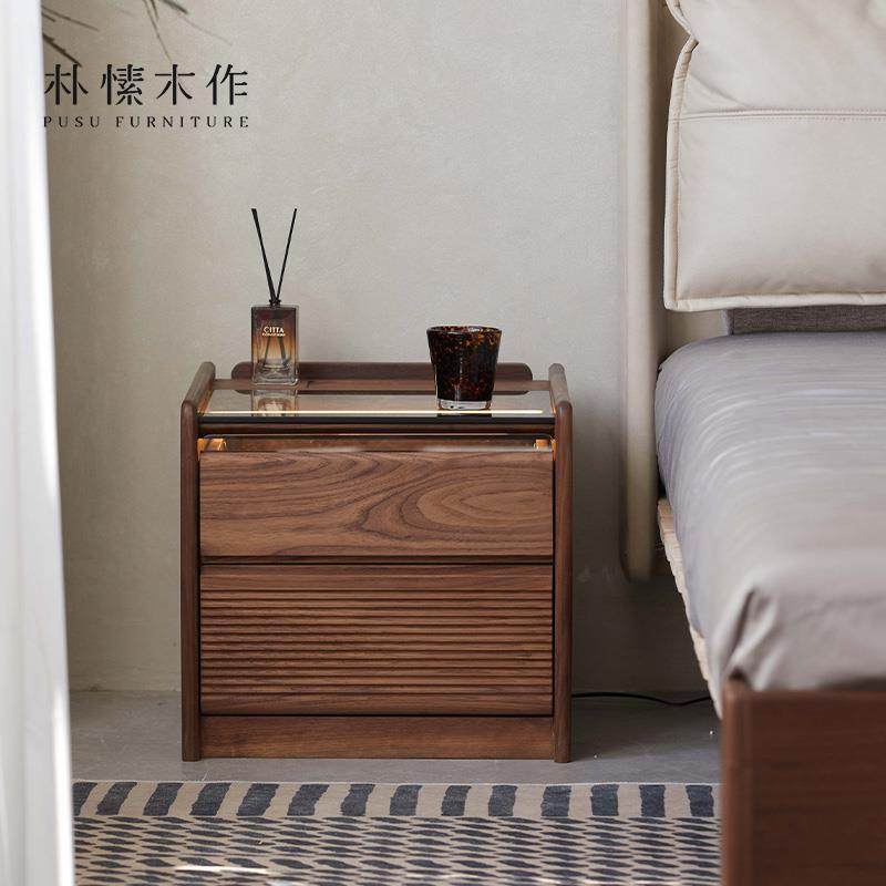 朴愫木作/北欧实木床头柜简约卧室床头置物架黑胡桃储物柜床边柜