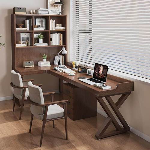 实木转角书桌书柜一体桌椅组合小户型家用写字l型电脑桌双人拐角