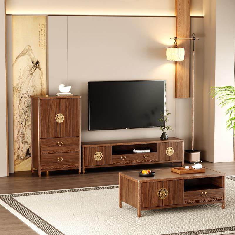 实木电视柜茶几组合新中式客厅一体储物边柜靠墙收纳多功能家用柜