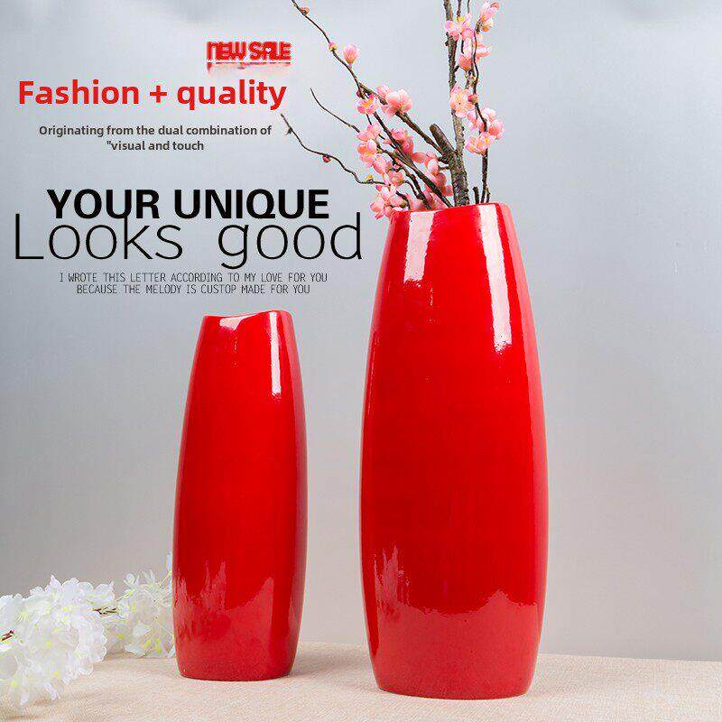 采购产品红色陶瓷花瓶，白色落地式大花瓶，喜庆的新房装饰，婚礼