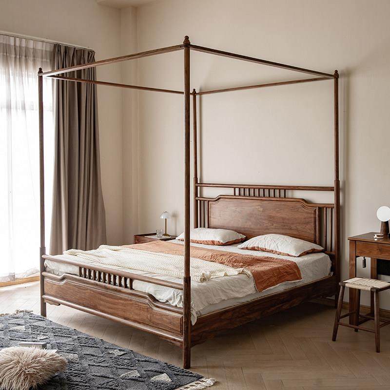 黑胡桃木架子床新中式全实木可拆卸挂蚊帐四柱床现代简约樱桃木床