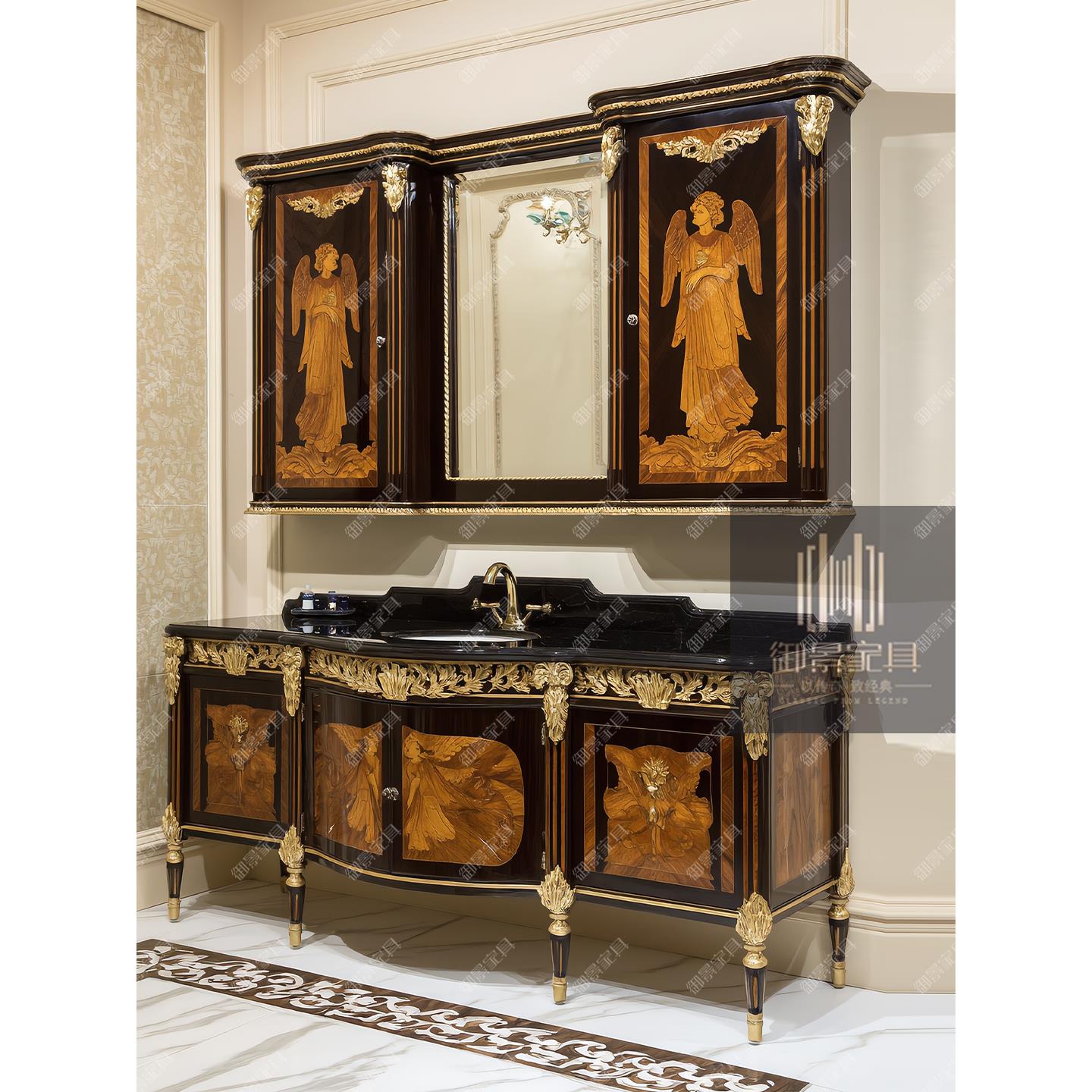 欧式实木浴室柜法式古典拼花卫浴柜卫生间洗漱台洗手盆柜组合定制