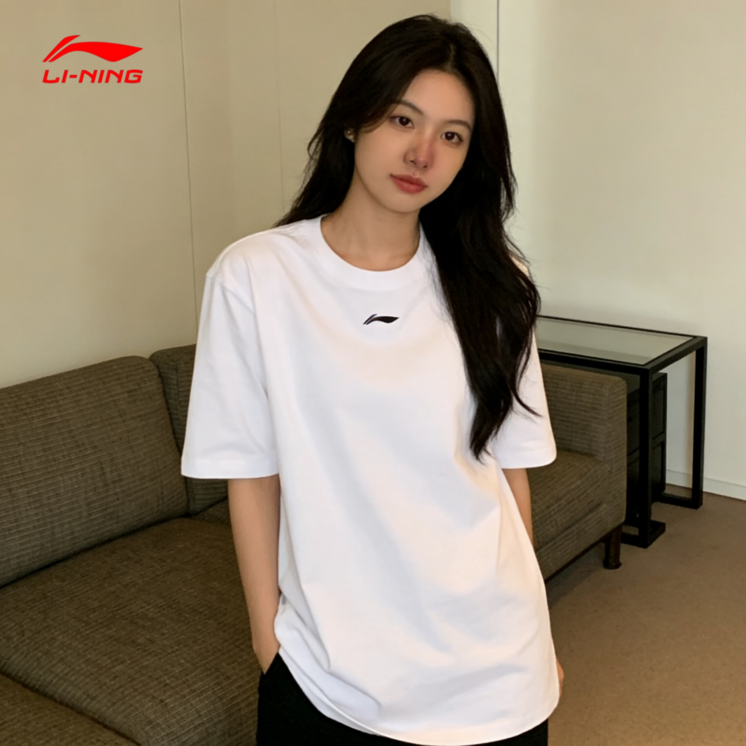 李宁短袖T恤女士纯棉2026夏季新款百搭圆领排汗宽松女款运动上衣
