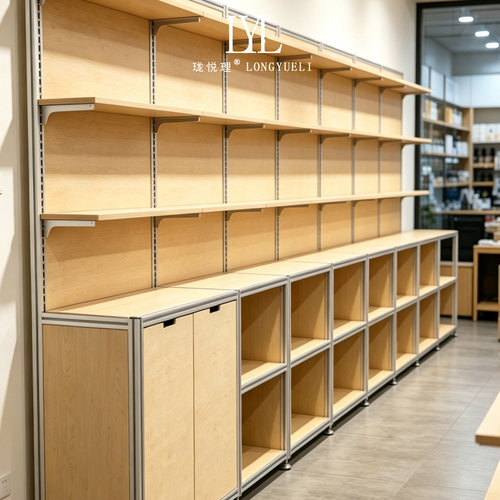 落地工业铝型材木饰面货架门店多层置物柜自由组合样品陈列展示架