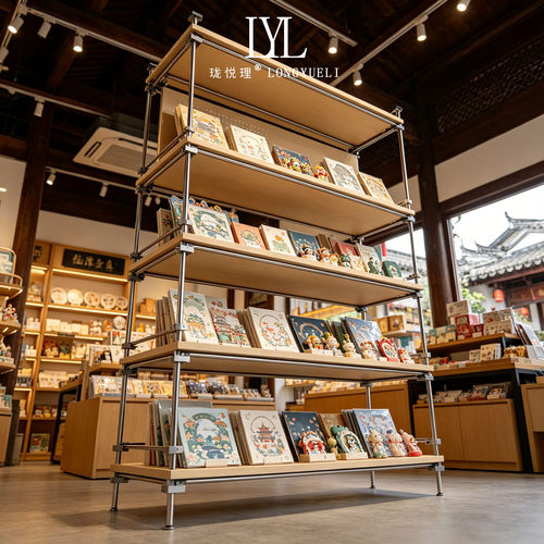 文旅文创店铝木陈列展架洞洞板背板多层置物手信笔记本落地展示架