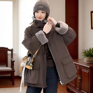 工装加厚风衣羽绒外套女小个子冬装高级感时髦宽松立领毛领派克服