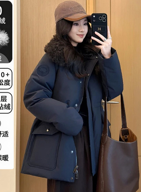 巨好看藏蓝色派克鹅绒服女小个子时尚流行轻型保暖冲锋衣羽绒外套