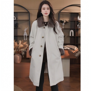 复古单排扣风衣羽绒外套女中长款冬装小个子时尚轻奢毛领派克服