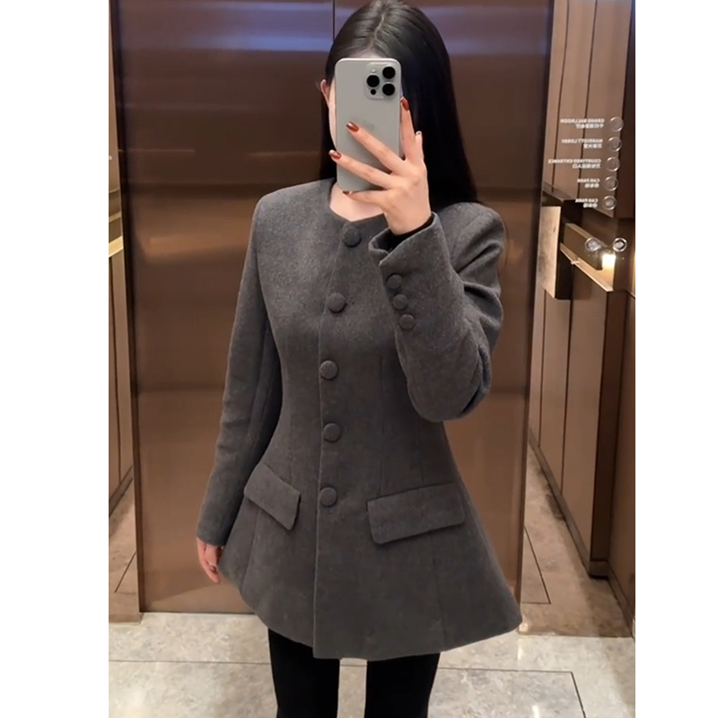法式小香风单排扣毛呢外套女厚灰