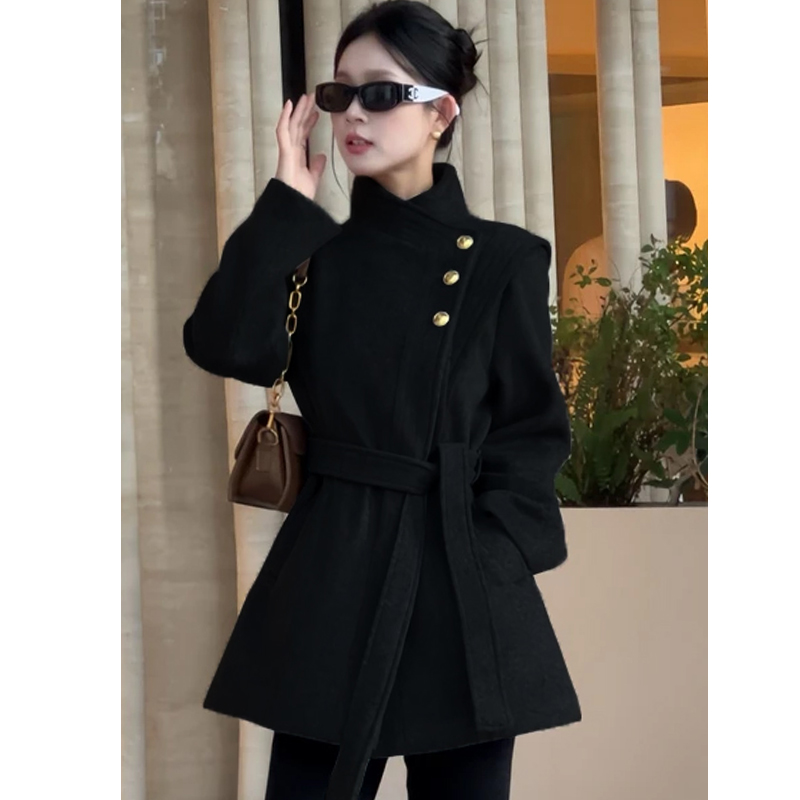 轻熟风系带中短款小个子毛呢外套