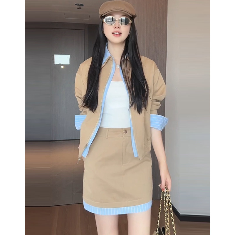 老钱风格纹假两件夹克半裙套装女