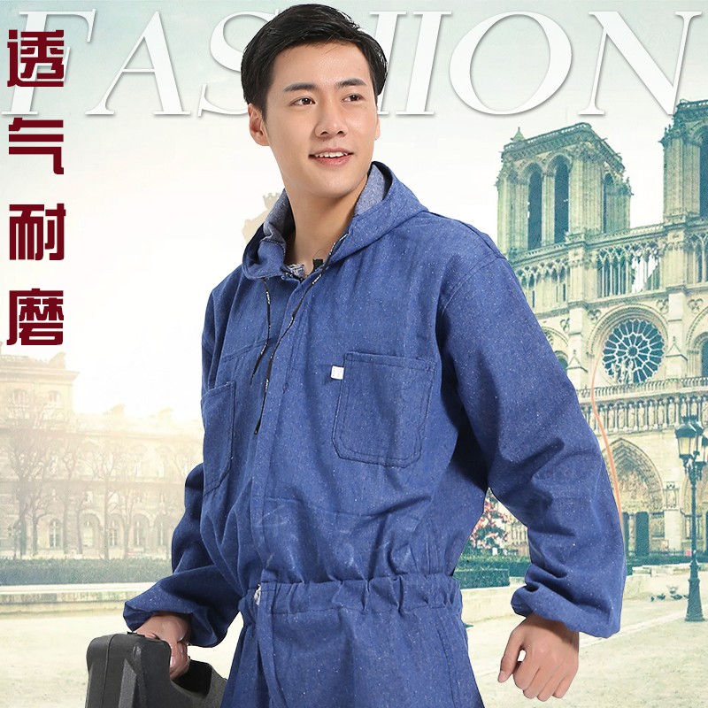 牛仔连体工作服套装男 电焊汽修喷漆防尘工装 牛仔连体劳保服包邮