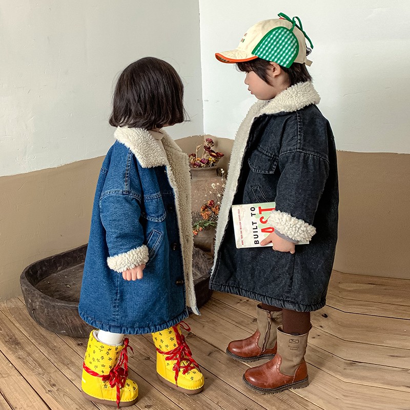 儿童棉服中长款加绒男童装女童牛仔棉衣加厚冬季2021新款宝宝外套