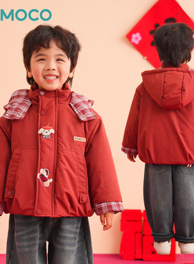 MOMOCO冬季男女童宽松加厚红色喜庆亮闪闪连帽棉服潮77430138051