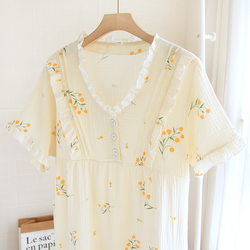 夏季睡裙女士纯棉纱布短袖V领睡衣薄款甜美花卉皱布家居服连衣裙