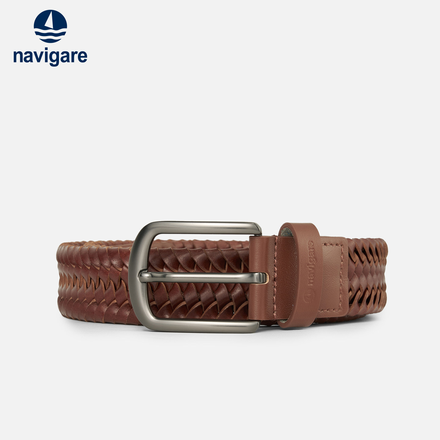navigare意大利小帆船男士真皮编织腰带金属针扣棕色皮带针扣皮带
