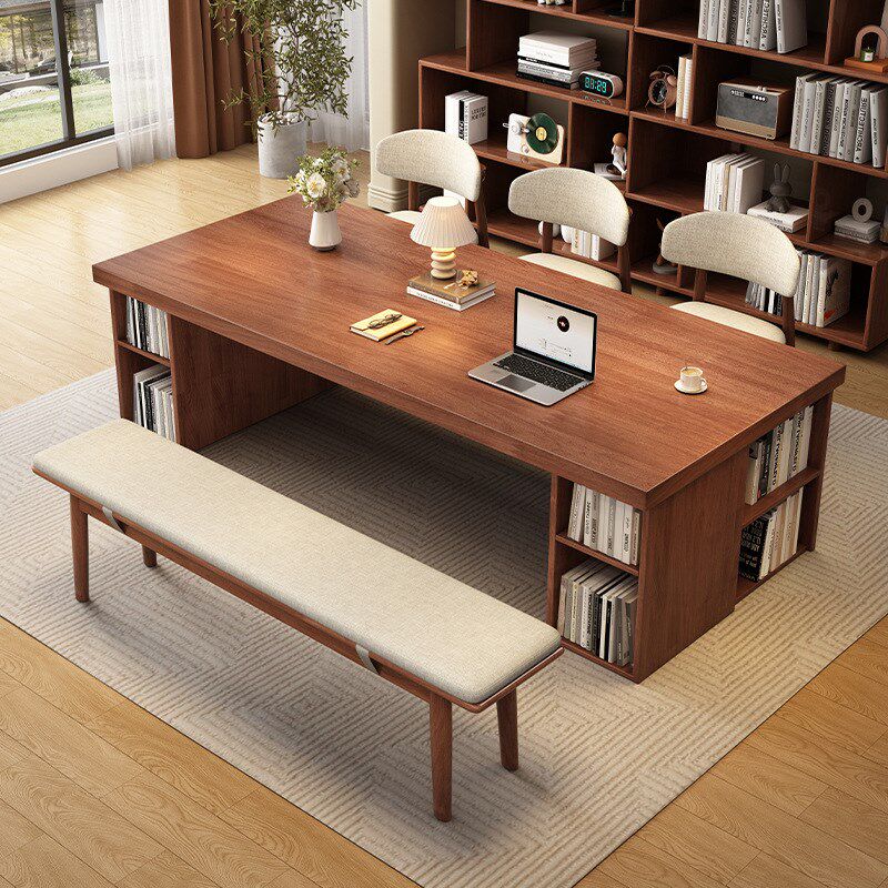 全实木大板书桌家用书柜一体工作办公桌书房客厅现代简约写字桌子