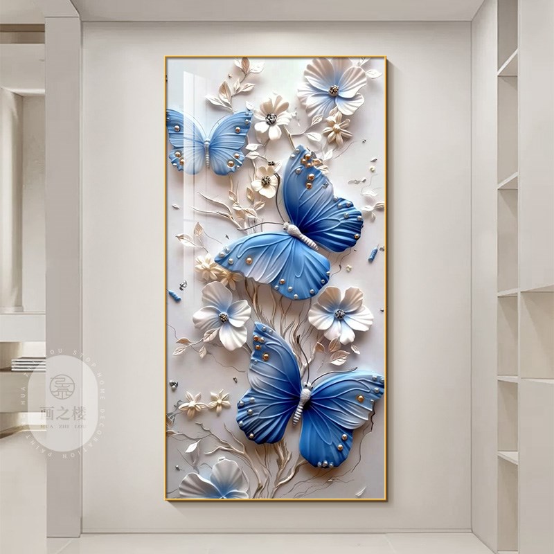 蝴蝶轻奢大气玄关装饰画入户正对门立体感花卉走廊过道挂画晶瓷画图片