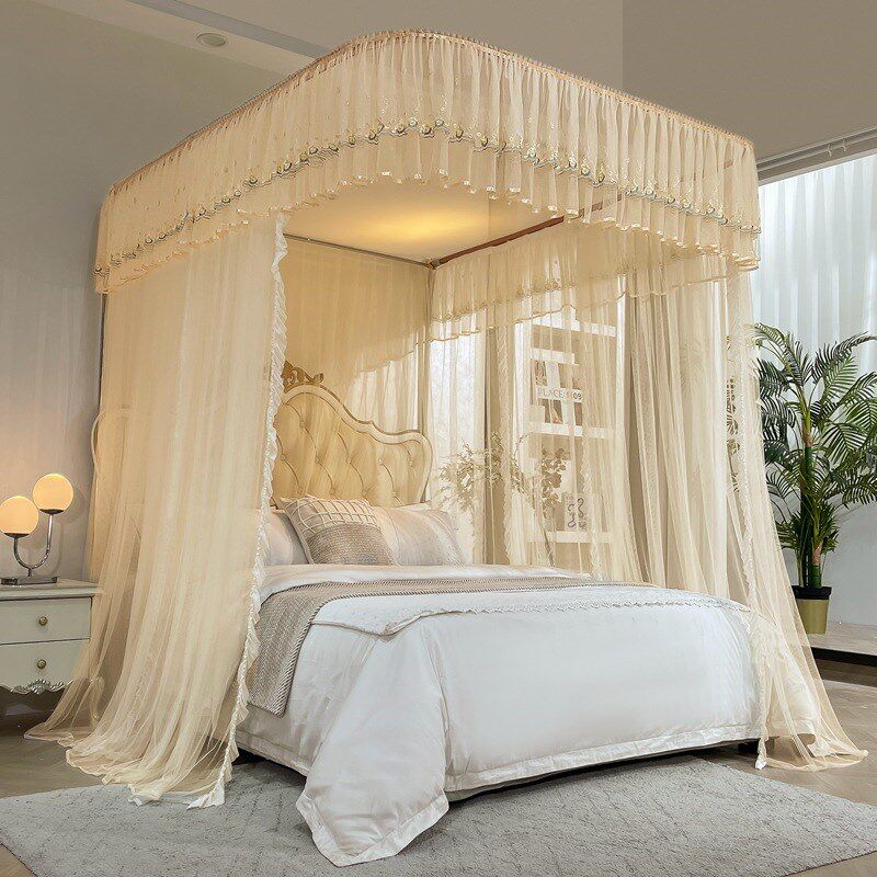 U型导轨蚊帐三开门蕾丝绣花宫廷落地轨道1.8床帘家用合金支架