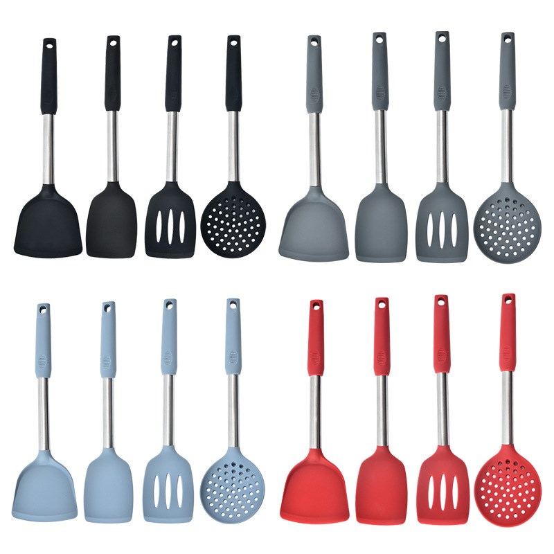 硅胶厨具4件套 管柄不锈钢厨具套装 厨房烹饪硅胶铲煎铲漏铲漏勺
