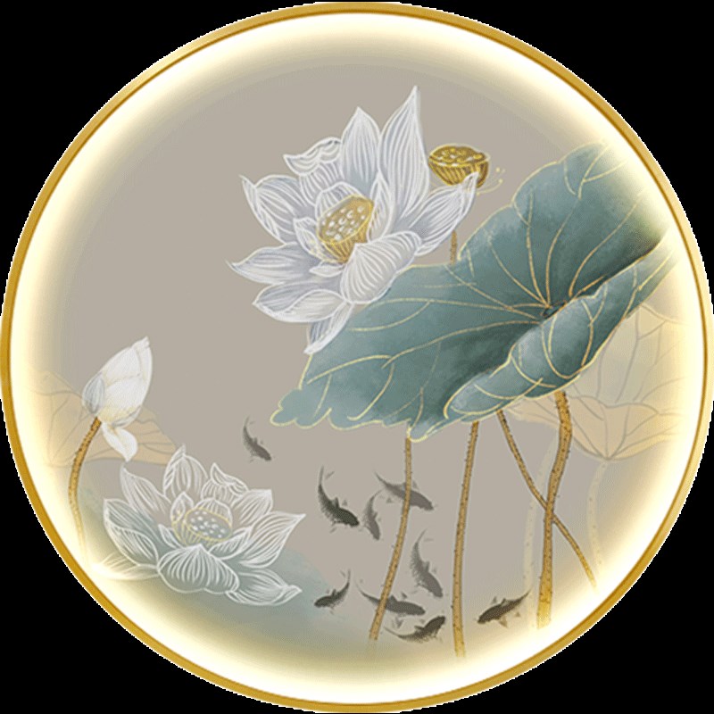 新中式九鱼荷花圆形客厅玄关入户背景墙挂画LED带灯晶瓷装饰灯画图片