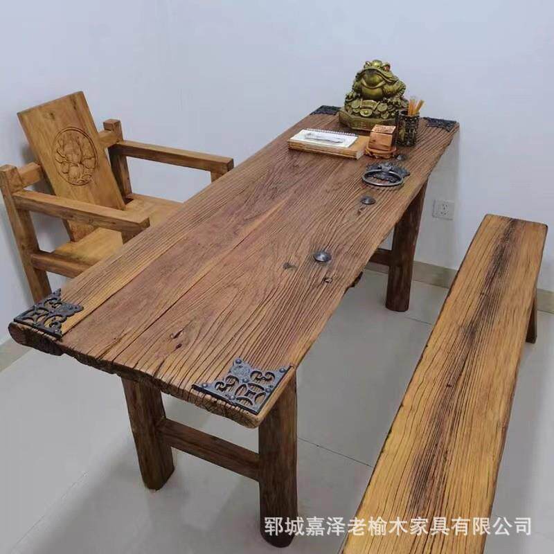 老榆木门板茶餐桌原木茶桌吧台民宿风桌子新中式风化板实木厂家
