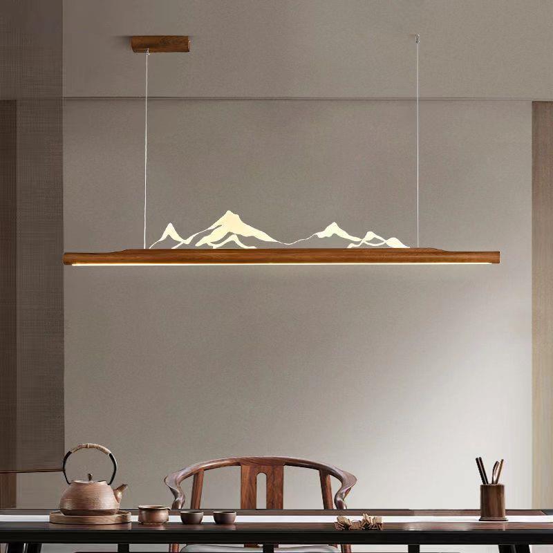 新中式茶室吊灯日式胡桃木山水禅意餐厅长条灯侘寂风灯具