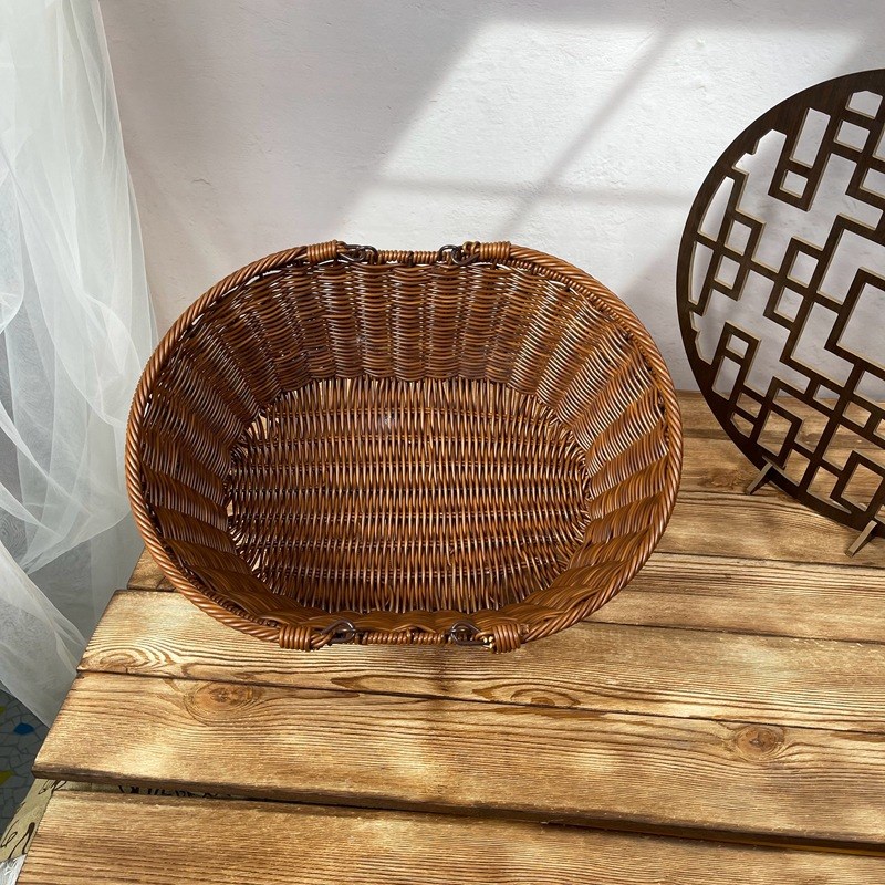 仿藤铁架活耳提篮竹编手提篮藤编篮子购物篮子水果篮买菜提篮藤筐