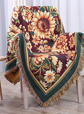 Dulcis欧式棉沙发巾非洲菊图案三层加厚线毯棉线编织沙发垫