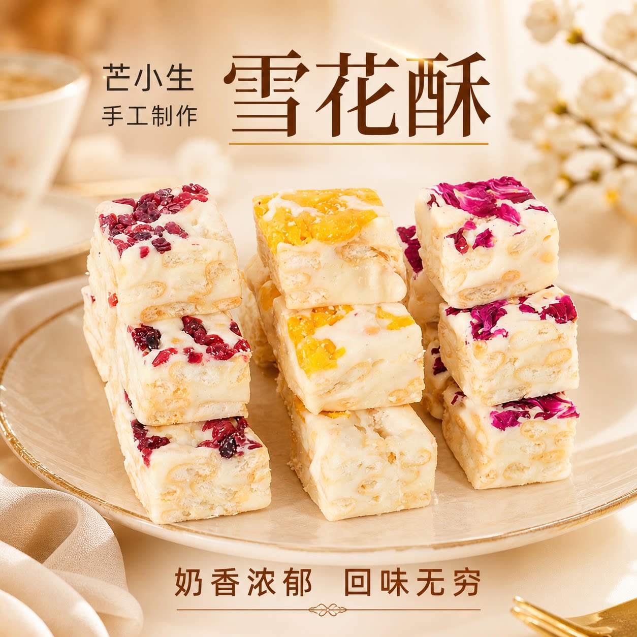 芒小生 奶味雪花酥手工现做糕点蔓越莓/玫瑰/芒果解馋零食200g/袋图片