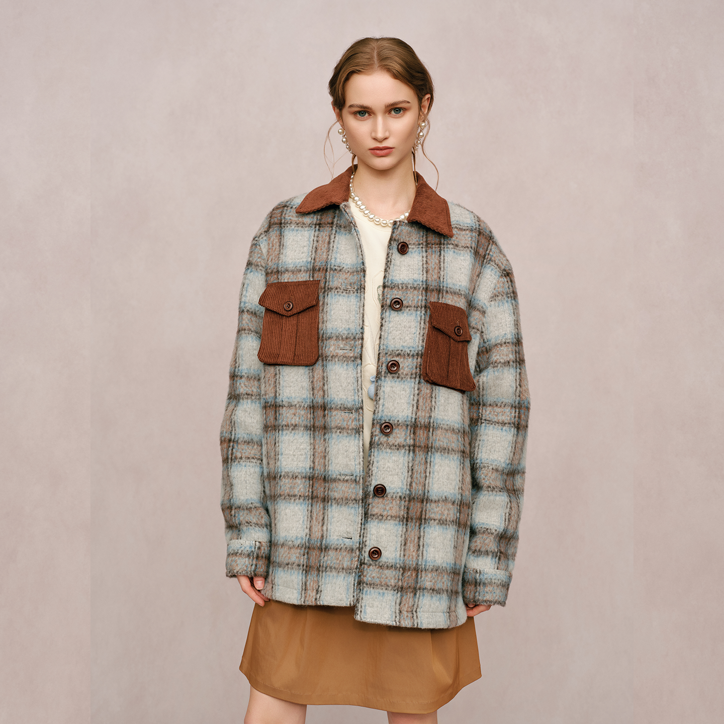 格纹羊毛毛呢宽松撞色衬衫外套