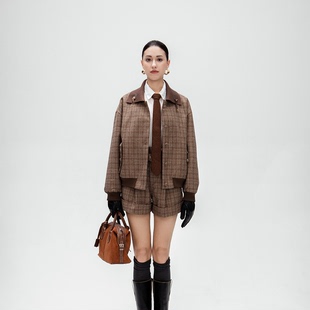 KAR PEISKOS卡珮施 复古miu系毛织翻领保暖格纹夹克防风外套